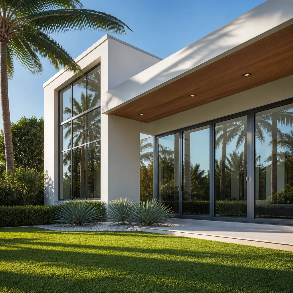 Modern home with custom geometric windows and floor-to-ceiling glass sliding doors nationwide