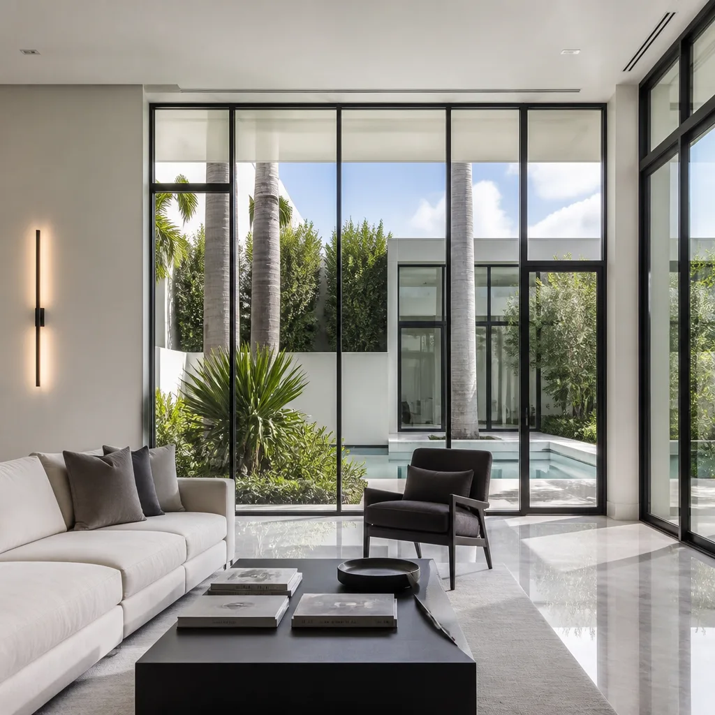 Modern living room with floor to ceiling custom geometric glass windows nationwide