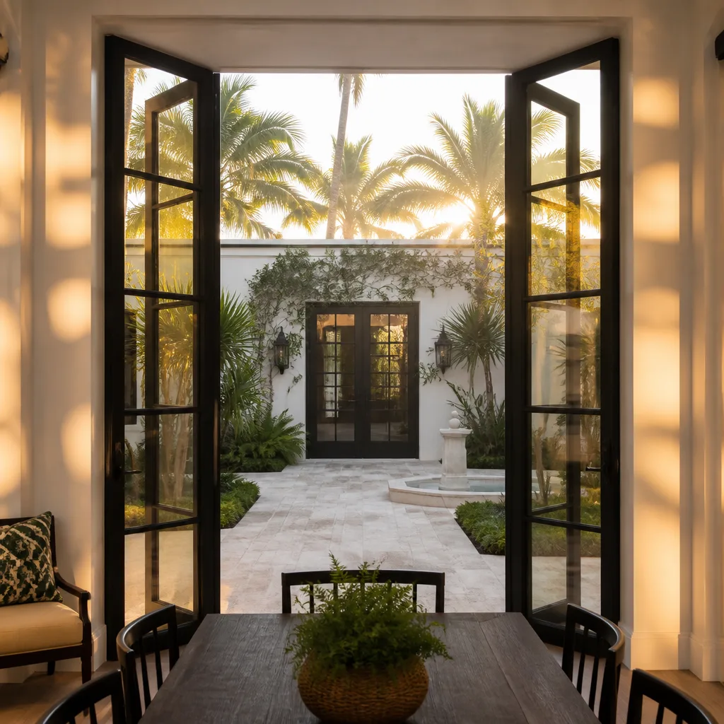 Black-framed luxury French doors opening to a sunlit courtyard nationwide