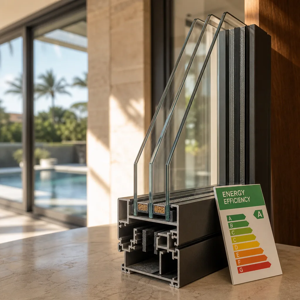 Energy-efficient triple-pane window profile with an A-rating energy efficiency label. nationwide