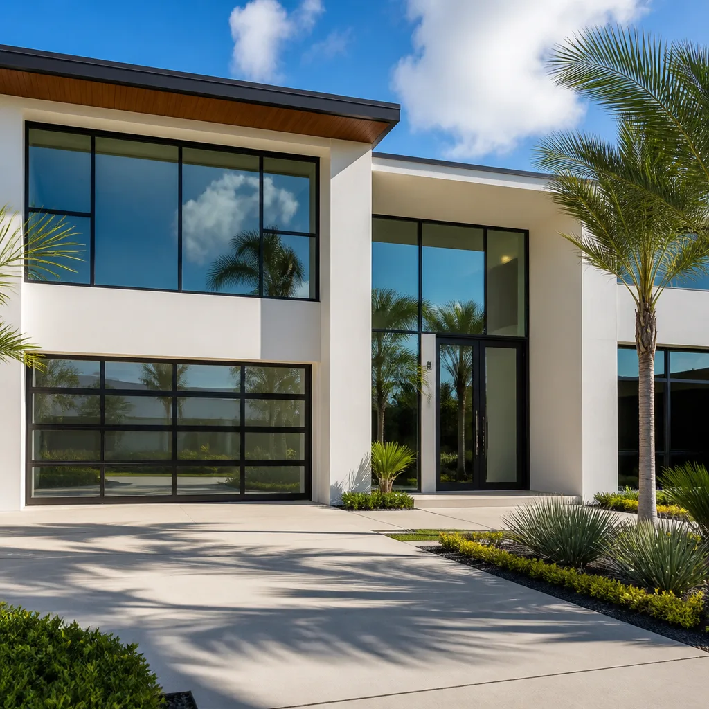 Modern home with black-framed impact garage doors and large glass windows nationwide