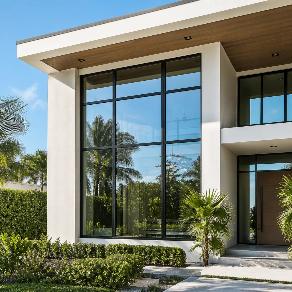 Modern luxury home exterior with professional high-quality impact windows installed