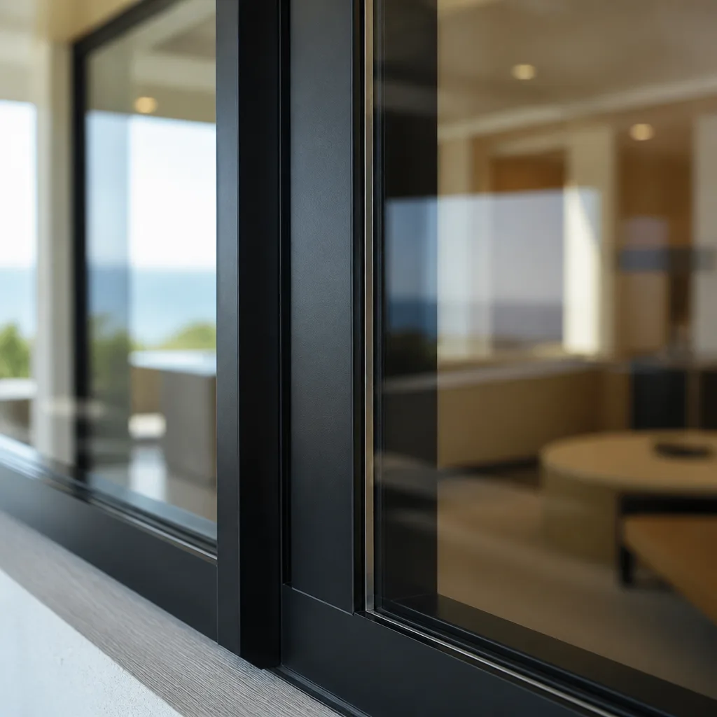 Modern black aluminum sliding window frame detail in luxury home interior nationwide
