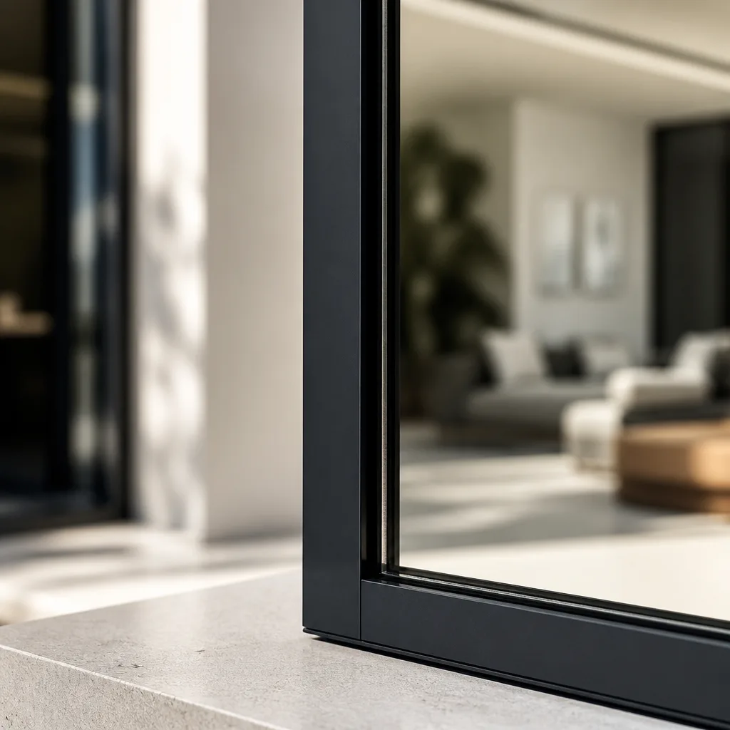 Modern black window frame detail with blurred interior background nationwide