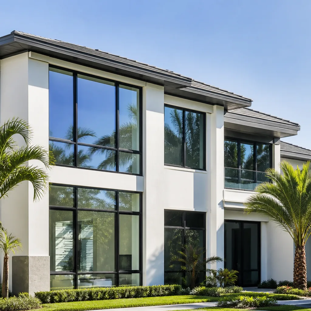 Modern luxury residential home featuring large architectural windows and glass doors nationwide