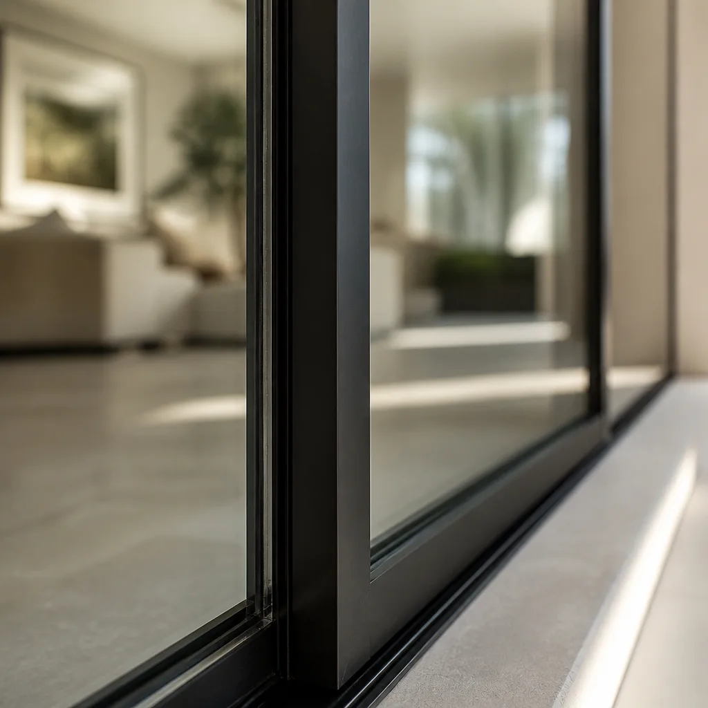 Close-up of modern black sliding glass patio door frame nationwide